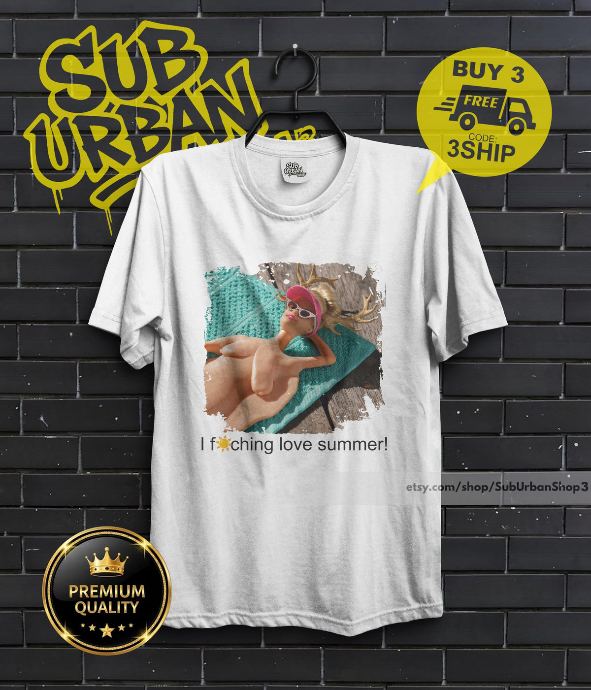 May include: White t-shirt with a graphic of a person in sunglasses and a pink hat, lying on a towel. The text "I f*ching love summer!" is printed below the image. The shirt also has the Etsy shop URL.