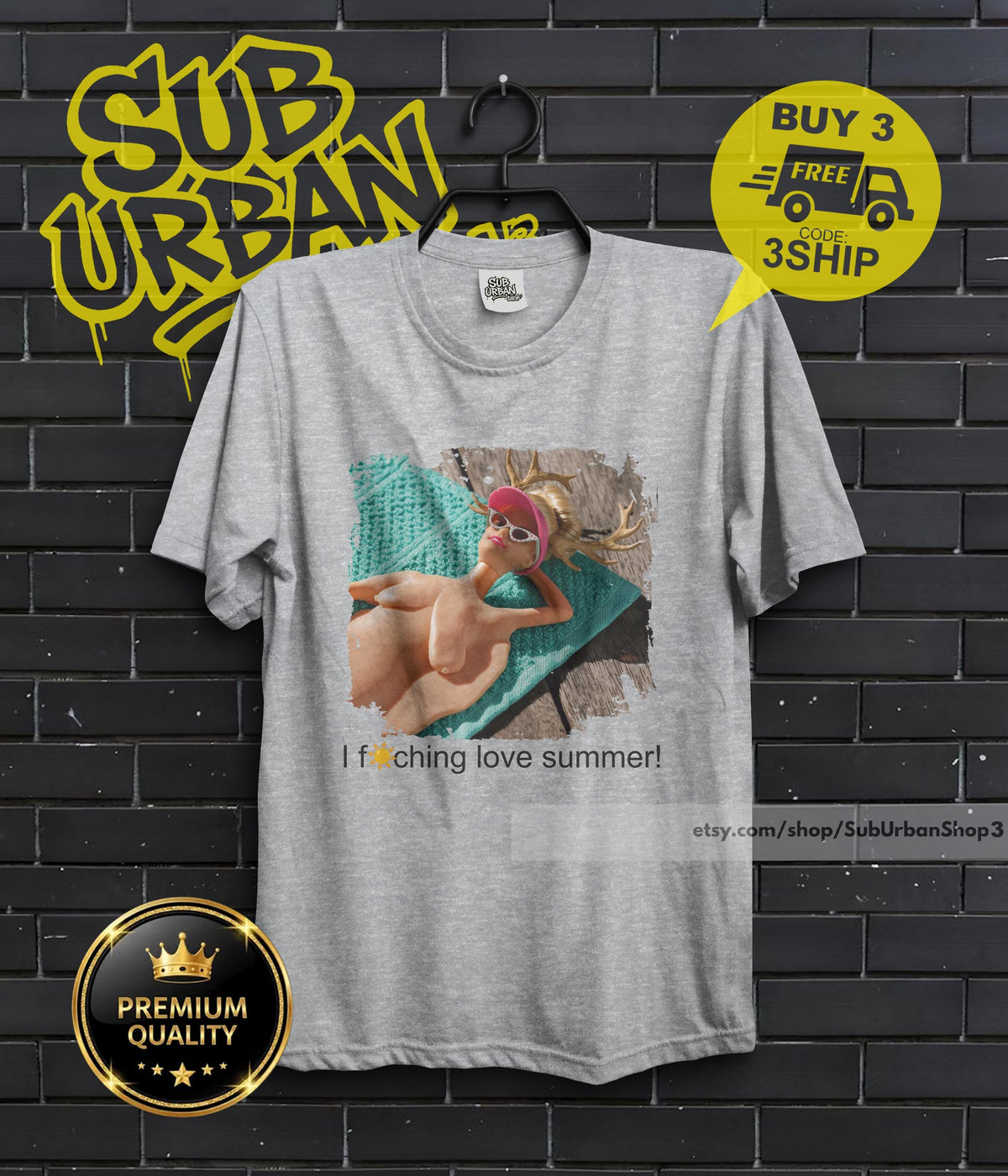 May include: Gray t-shirt with a graphic of a woman in sunglasses and a pink hat, lying on a blue towel. The text "I f***ing love summer!" is printed below the image. The shirt also has the Etsy shop URL.