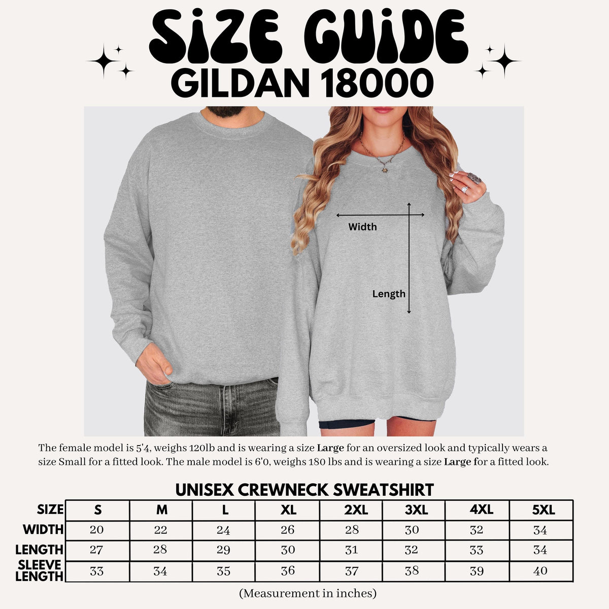 May include: A light gray Gildan 18000 unisex crewneck sweatshirt size guide. The guide includes measurements in inches for width, length, and sleeve length, ranging from size S to 5XL. The image also shows a male and female model wearing the sweatshirt.