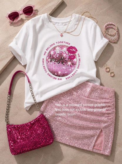 May include: A white t-shirt with a pink disco ball graphic, lip prints, and the text "WE BELONG TOGETHER". A pink sequined mini skirt with a side slit, a dark pink sequined shoulder bag with a chain strap, pink sunglasses, and beaded bracelets.