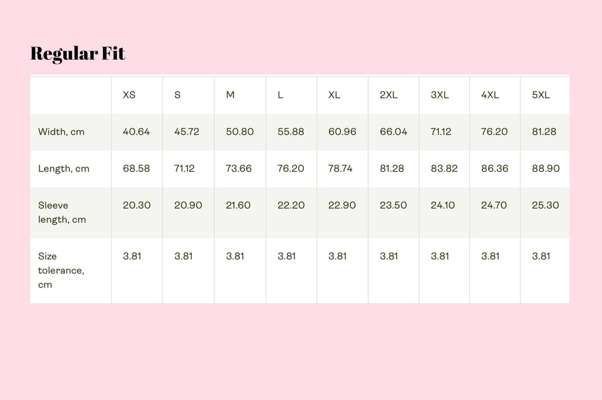 May include: A size chart table titled Regular Fit with columns for sizes XS through 5XL. The rows list measurements in centimeters for width, length, and sleeve length, along with a consistent size tolerance of 3.81 cm for all listed sizes.