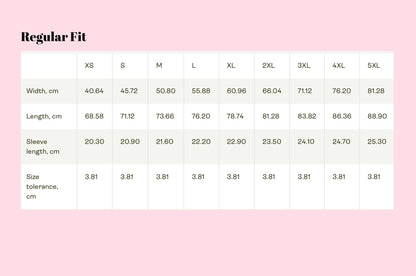 May include: A size chart table titled Regular Fit with columns for sizes XS through 5XL. The rows list measurements in centimeters for width, length, and sleeve length, along with a consistent size tolerance of 3.81 cm for all listed sizes.