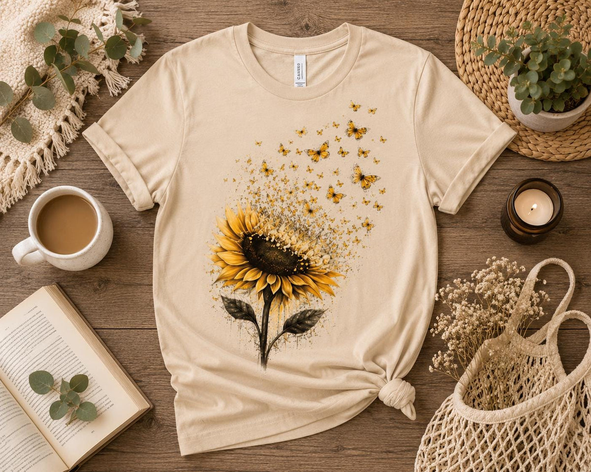 May include: A beige short-sleeve t-shirt featuring a graphic print of a large yellow sunflower with dark brown center petals. The top of the sunflower appears to dissolve into a swarm of small yellow and orange butterflies flying upward.