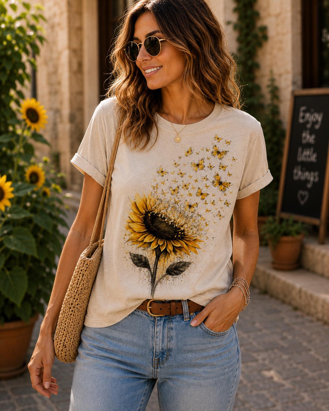 May include: A beige short-sleeve t-shirt featuring a large graphic of a yellow sunflower with a cluster of small yellow butterflies appearing to fly upward from the flower petals. The shirt has a crew neckline and rolled sleeve cuffs.