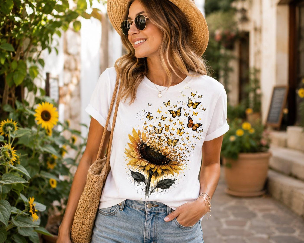 May include: A white short-sleeved t-shirt featuring a large graphic print of a yellow sunflower with black leaves at the base, transitioning into a swarm of small orange and yellow butterflies that drift upward toward the right shoulder area.