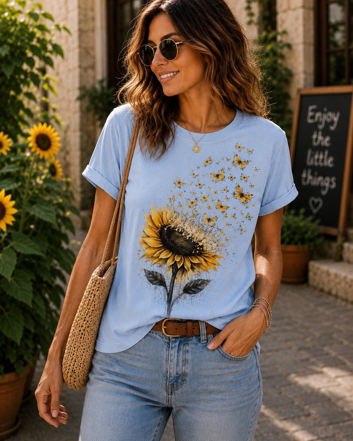 May include: A light blue short-sleeved t-shirt featuring a graphic print of a large yellow sunflower with a dark center and green leaves, with a swarm of small yellow butterflies appearing to fly upward from the flower petals.