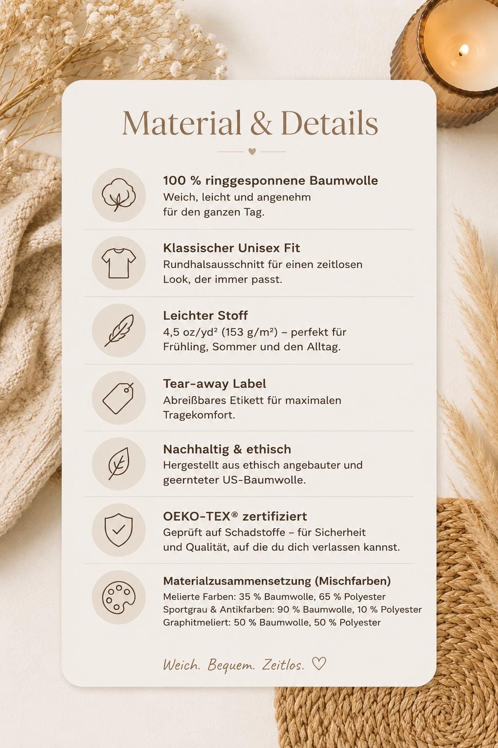 May include: A rectangular informational card titled Material & Details listing garment specifications including 100% ring-spun cotton, classic unisex fit, 4.5 oz/yd2 fabric weight, tear-away label, ethical US cotton, OEKO-TEX certification, and fiber blends.