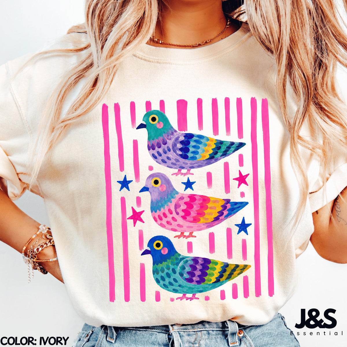 Colorful Pigeon Shirt, Cute Bird Graphic Tee, Whimsical Cottagecore Tshirt, Funny Pigeon Lover Gift, Colorful Animal Art Shirt for Women Ivory
