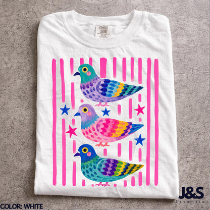 Colorful Pigeon Shirt, Cute Bird Graphic Tee, Whimsical Cottagecore Tshirt, Funny Pigeon Lover Gift, Colorful Animal Art Shirt for Women White