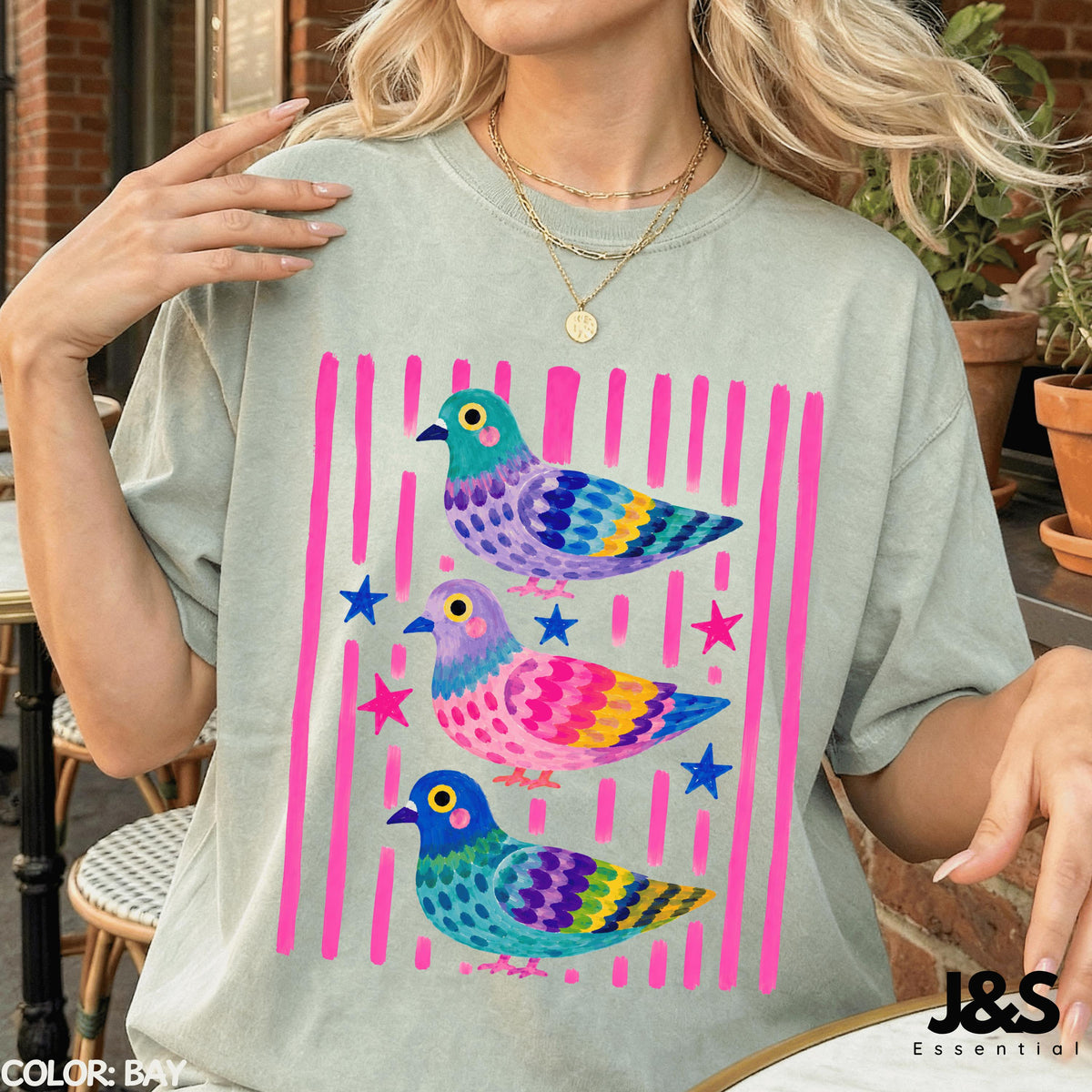 Colorful Pigeon Shirt, Cute Bird Graphic Tee, Whimsical Cottagecore Tshirt, Funny Pigeon Lover Gift, Colorful Animal Art Shirt for Women Bay