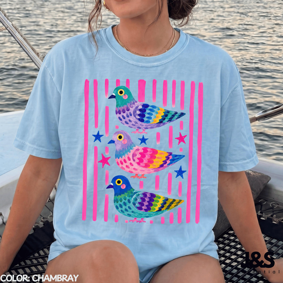 Colorful Pigeon Shirt, Cute Bird Graphic Tee, Whimsical Cottagecore Tshirt, Funny Pigeon Lover Gift, Colorful Animal Art Shirt for Women Chambray
