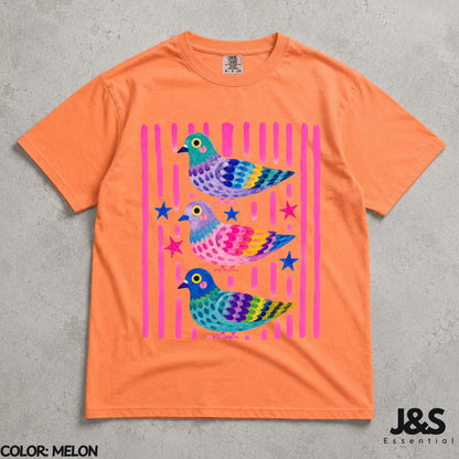 Colorful Pigeon Shirt, Cute Bird Graphic Tee, Whimsical Cottagecore Tshirt, Funny Pigeon Lover Gift, Colorful Animal Art Shirt for Women Melon