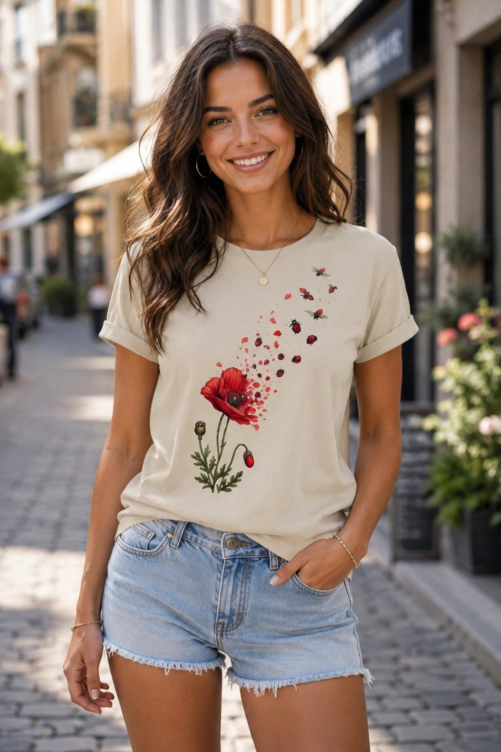 Illustration of a vibrant red poppy with a flower bud and seed pod. Red petals dissolve into flying ladybugs, creating a botanical nature-inspired design on a transparent background.Illustration einer leuchtend roten Mohnblume mit Knospe und Samenkapsel. Rote Blütenblätter lösen sich auf und gehen in fliegende Marienkäfer über. Botanisches Naturdesign mit transparentem Hintergrund.