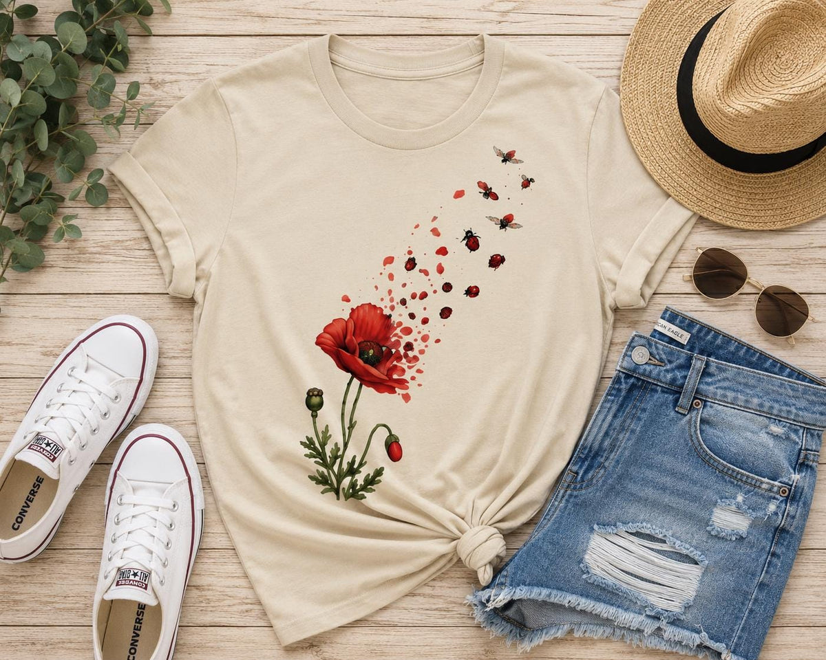 May include: A beige short-sleeve t-shirt featuring a graphic of a red poppy flower with petals transforming into a swarm of small ladybugs. The design is centered on the chest, showcasing green stems and buds at the base of the vibrant red flower.