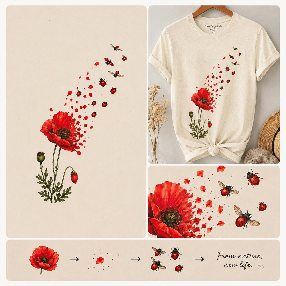May include: A cream-colored short-sleeve t-shirt featuring a graphic of a red poppy flower transforming into a swarm of ladybugs. The design includes scattered red petals and the text "From nature, new life." The shirt has a crew neckline.