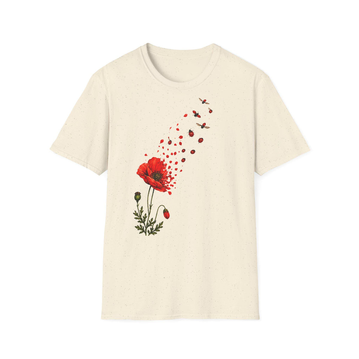 May include: A cream-colored short-sleeve t-shirt featuring a graphic print of a red poppy flower. The petals of the flower appear to be disintegrating into small red fragments and flying ladybugs that drift upward toward the right shoulder.