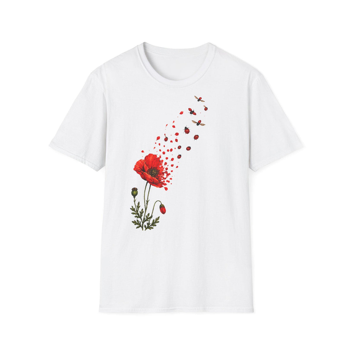 May include: A white short-sleeve t-shirt featuring a graphic print of a red poppy flower. The petals of the flower appear to be disintegrating into small red particles and flying ladybugs that drift upward toward the right shoulder of the shirt.