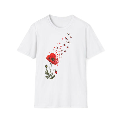 May include: A white short-sleeve t-shirt featuring a graphic print of a red poppy flower. The petals of the flower appear to be disintegrating into small red particles and flying ladybugs that drift upward toward the right shoulder of the shirt.