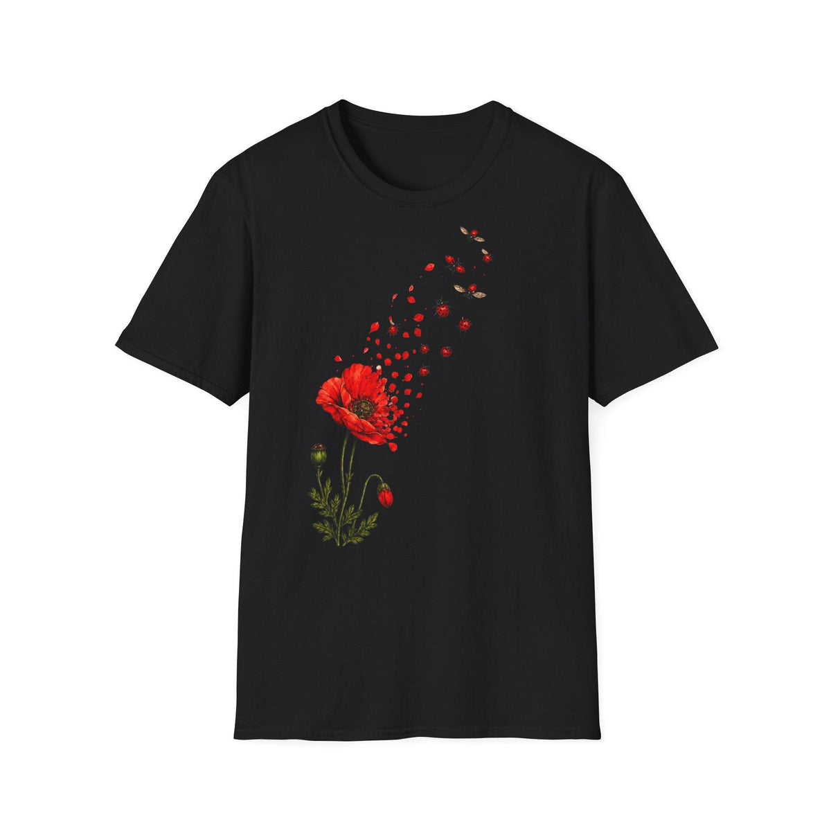 May include: A black short-sleeved t-shirt featuring a graphic print of a vibrant red poppy flower. The petals of the flower appear to be drifting upward and dissolving into small red particles and several small ladybugs against the dark fabric.