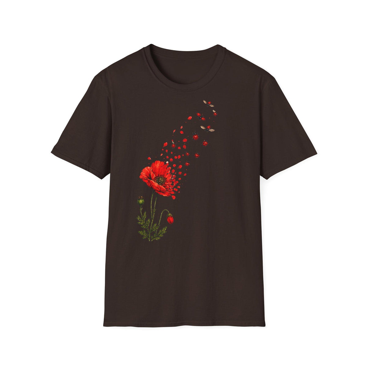 May include: A dark brown short-sleeve t-shirt featuring a graphic print of a red poppy flower. The petals of the flower appear to be drifting upward and dissolving into small red fragments against the dark fabric of the shirt.