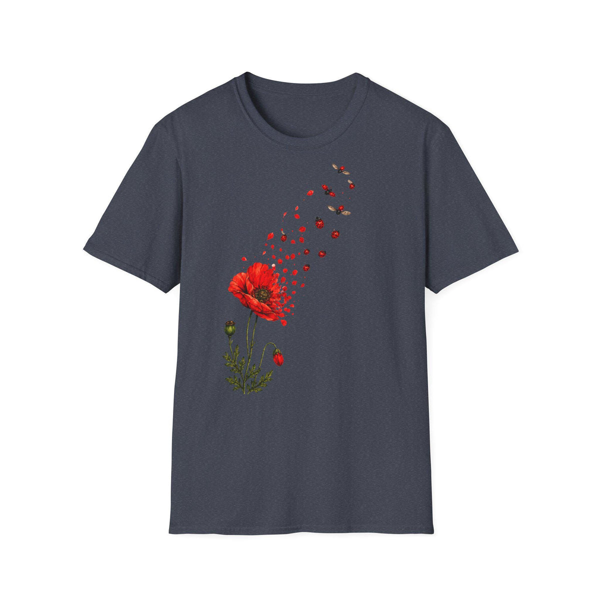 May include: A dark gray short-sleeve t-shirt featuring a graphic print of a vibrant red poppy flower. The petals of the flower appear to be disintegrating into small red dots and flying insects that drift upward toward the right shoulder area.