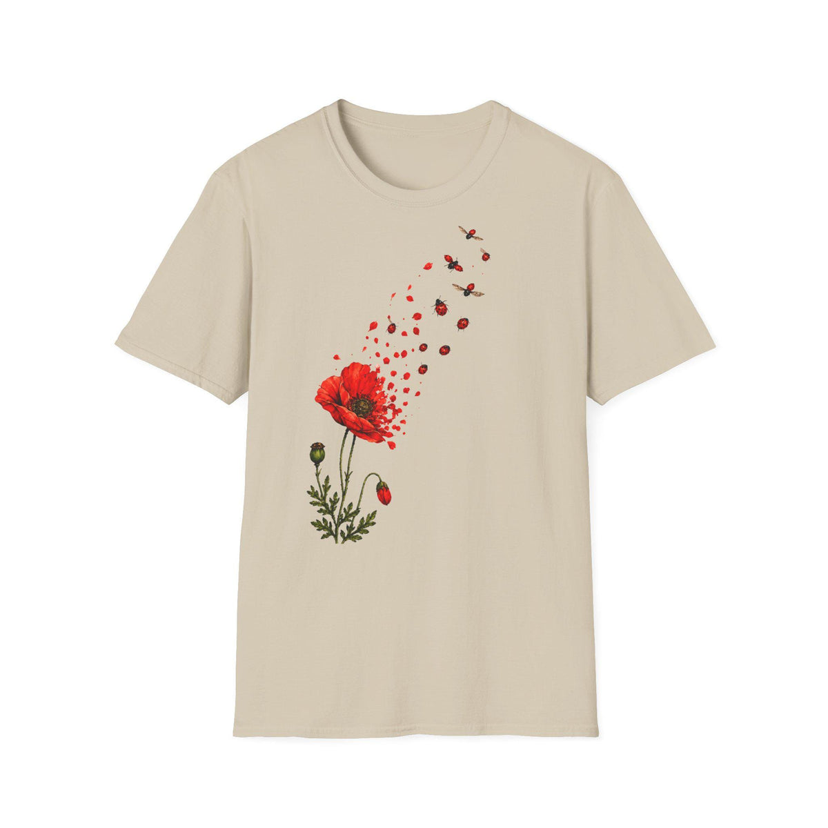 May include: A beige short-sleeve t-shirt featuring a graphic print of a red poppy flower with green stems and leaves. The petals of the flower appear to be disintegrating into a swarm of small red ladybugs that fly upward toward the right shoulder.