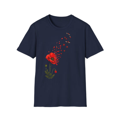 May include: A navy blue short-sleeve t-shirt featuring a graphic print of a vibrant red poppy flower. The petals of the flower appear to be drifting upward and dissolving into small red fragments, accompanied by two small flying insects.