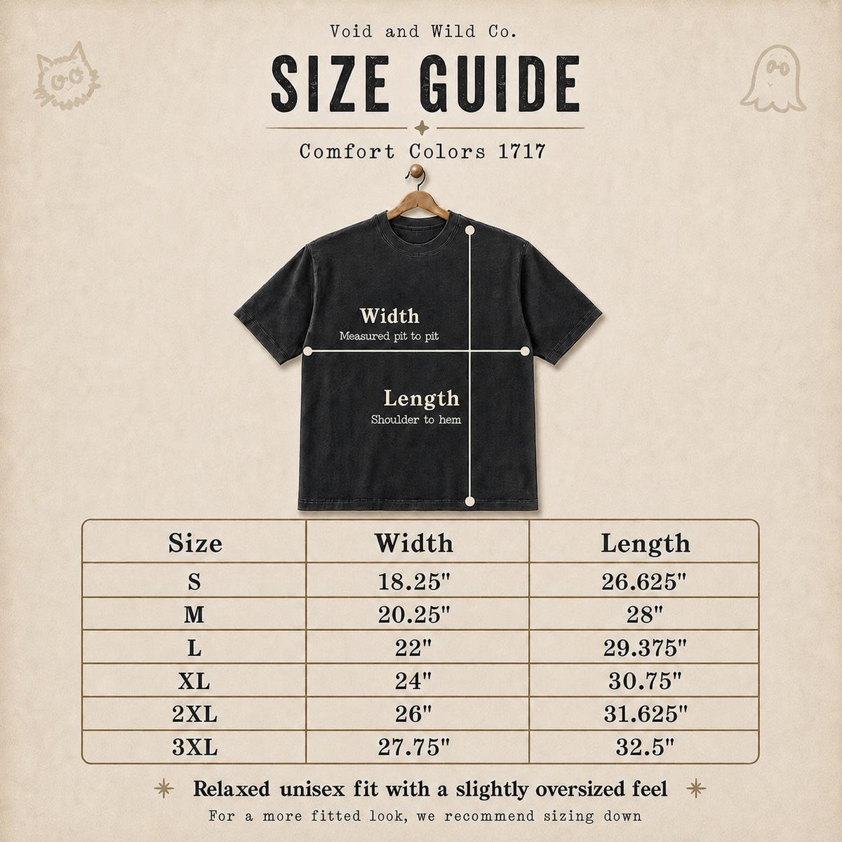 May include: A size guide chart for a Comfort Colors 1717 t-shirt by Void and Wild Co. The graphic displays a black t-shirt on a hanger with width and length measurement lines. A table lists sizes S through 3XL with corresponding measurements in inches.