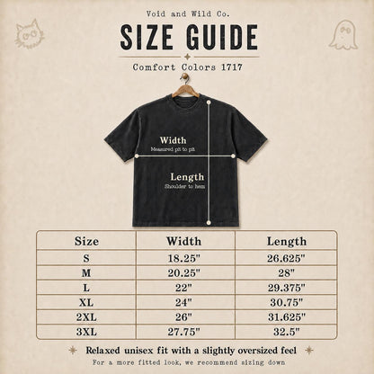 May include: A size guide chart for a Comfort Colors 1717 t-shirt by Void and Wild Co. The graphic displays a black t-shirt on a hanger with width and length measurement lines. A table lists sizes S through 3XL with corresponding measurements in inches.