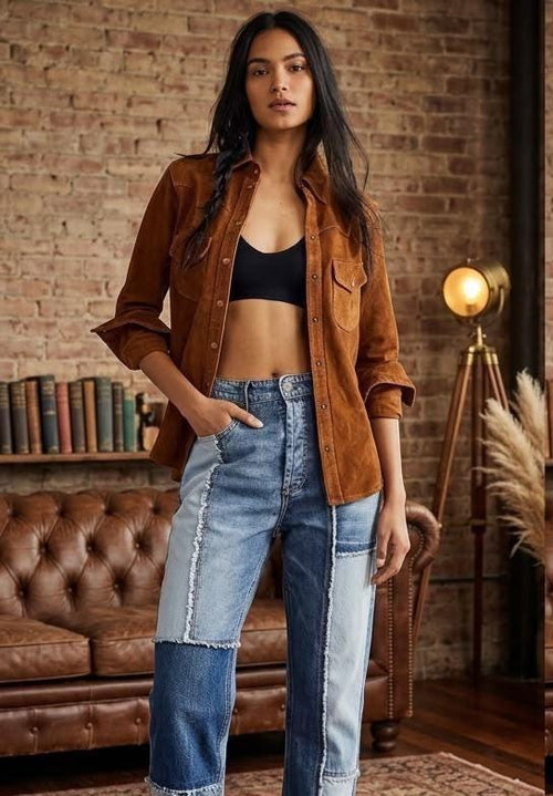 May include: A brown suede button-down shirt with long sleeves and two chest pockets, worn over a black crop top, paired with high-waisted blue jeans featuring a multi-tonal patchwork design with frayed seams and a straight-leg silhouette.