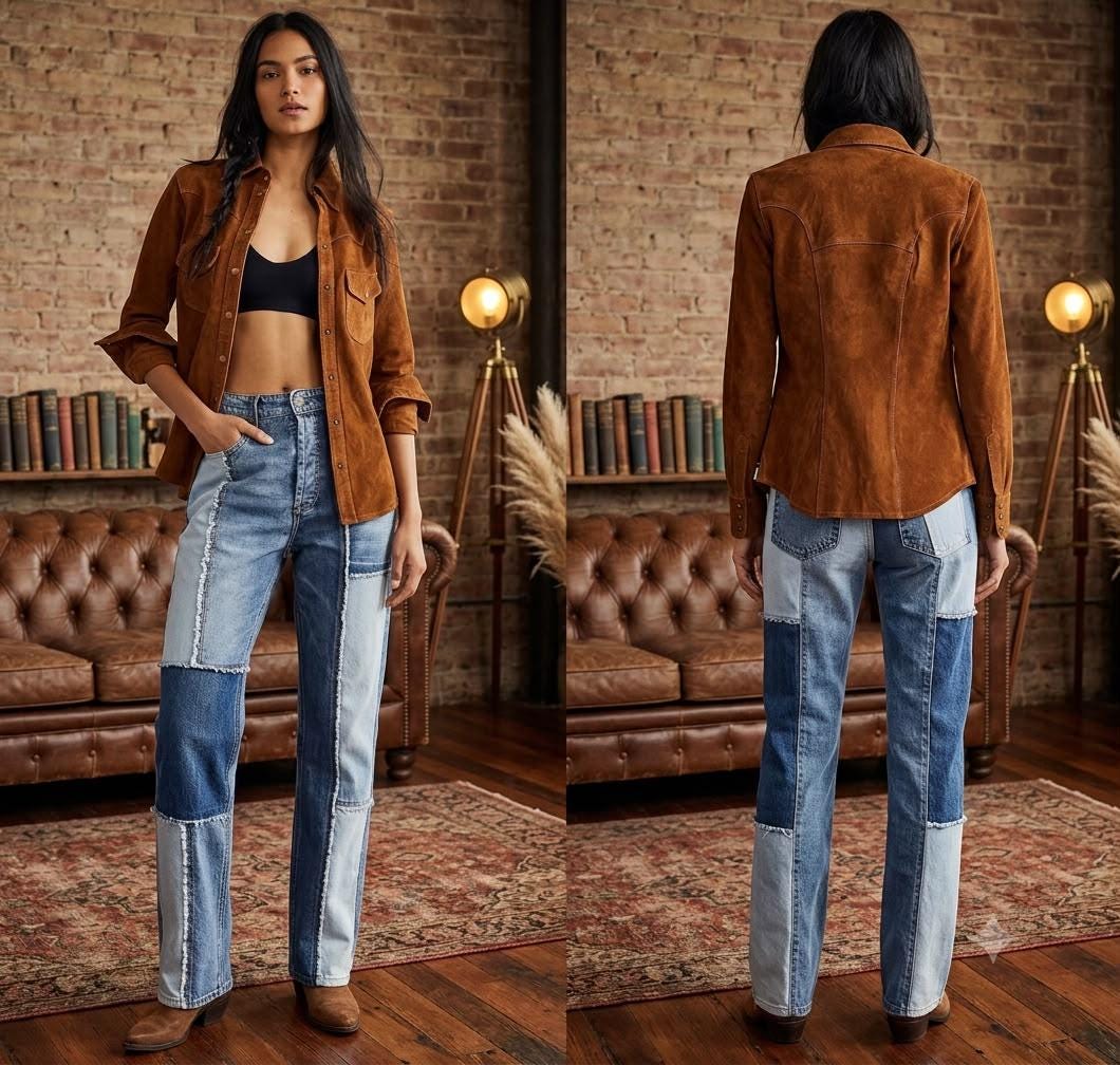 May include: A brown suede button-down shirt worn over a black crop top, paired with high-waisted blue jeans featuring a patchwork design of various denim shades. The jeans have a straight-leg cut with visible seams and frayed edges on the patches.