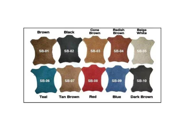 May include: A collection of ten hide-shaped leather swatches arranged in two rows. Each swatch is labeled with a code from SB-01 to SB-10 and a color name: Brown, Black, Cone Brown, Redish Brown, Beige White, Teal, Tan Brown, Red, Blue, and Dark Brown.