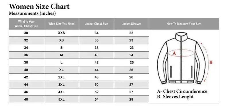 May include: A size chart titled Women Size Chart with measurements in inches. The table lists actual chest sizes from 30 to 48, corresponding jacket sizes from XXS to 5XL, jacket chest sizes, and sleeve lengths. Includes a line drawing of a jacket.