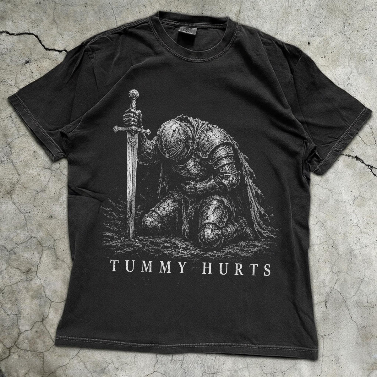 Tummy Hurts Knight Shirt, Funny Dark Fantasy Graphic Tee, Ironic Meme T-Shirt, Gamer Girl Gift, Retro Elden Knight Top, Comfort Colors Tee image 3