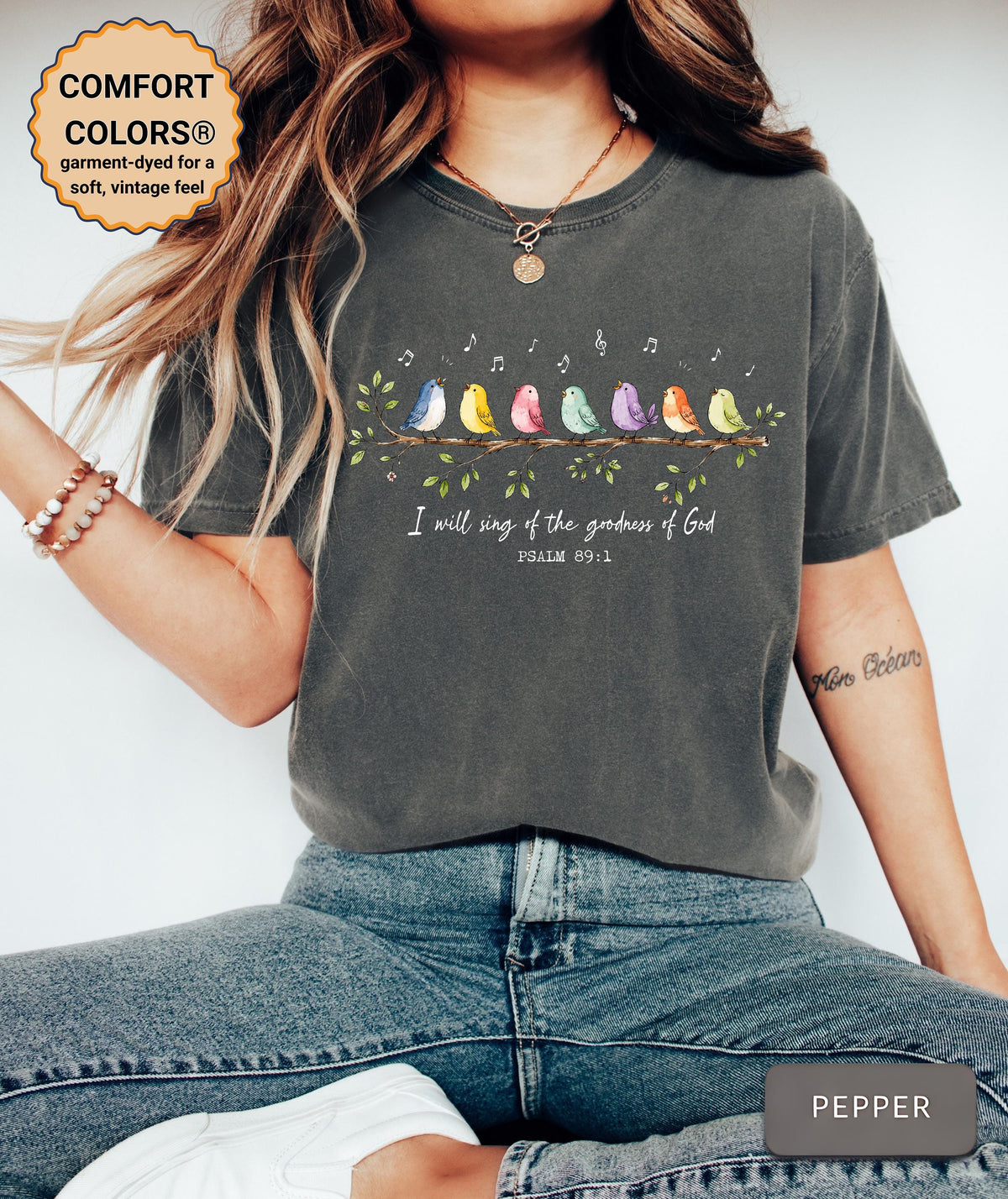 May include: A charcoal gray short-sleeve t-shirt featuring a graphic of seven colorful birds perched on a branch with musical notes above them. The text reads, "I will sing of the goodness of God" and "PSALM 89:1" in white lettering below the birds.