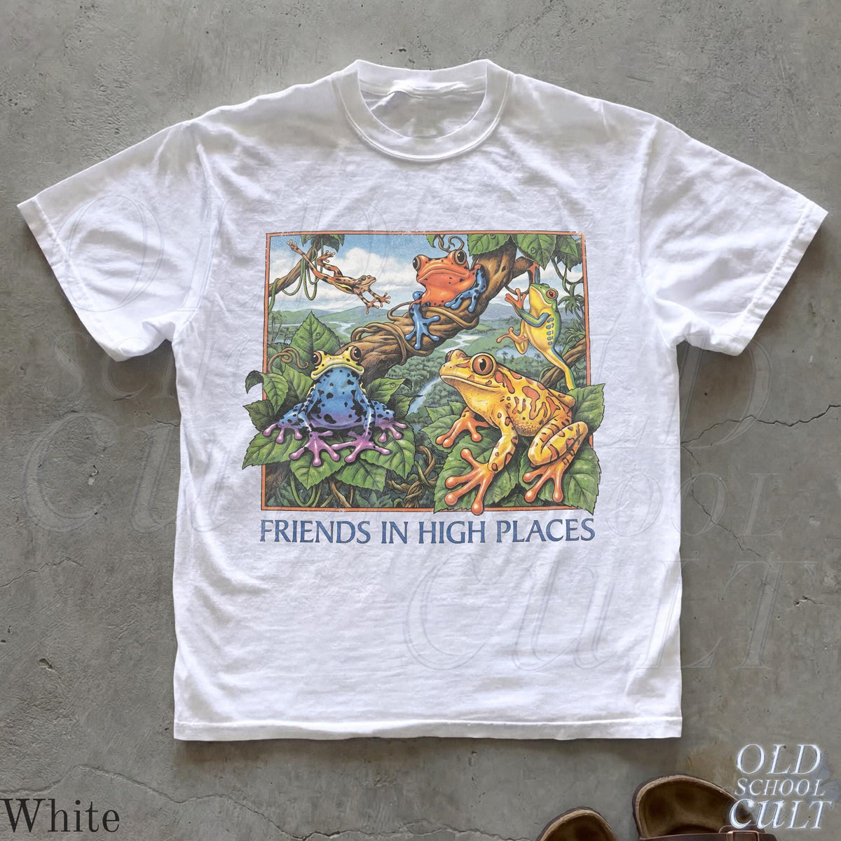 Friends in High Places Frog 90s Shirt, Colorful Tree Frog Graphic Tee, Poison Dart Frog Lover Gift, Amphibian Nature Herpetology T-Shirt White