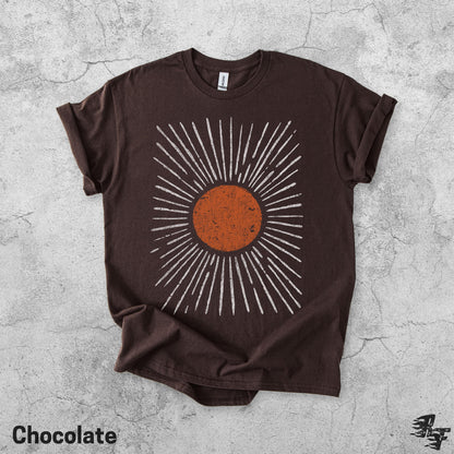 Boho Sun T-Shirt, Retro Celestial Sky Tee, Vintage Hippie Festival Top, Groovy Minimalist Summer Nature Lover Gift Shirt Chocolate