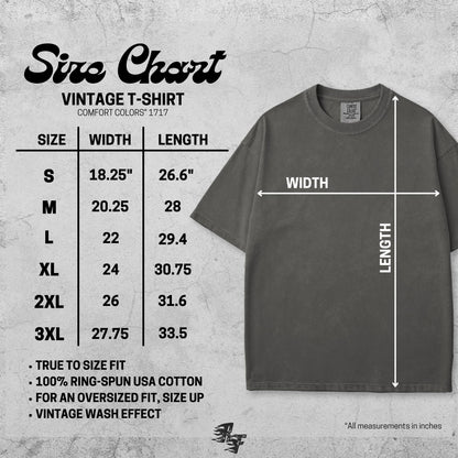 May include: A charcoal grey short-sleeve t-shirt with a size chart displaying width and length measurements in inches for sizes S through 3XL. The chart specifies a Comfort Colors 1717 vintage wash effect, 100% ring-spun USA cotton, and a true to size fit.
