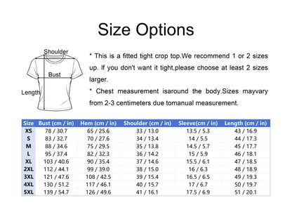 May include: A size chart for a fitted crop top featuring a line drawing of a t-shirt with labels for shoulder, bust, and length. The text advises sizing up by 1 or 2 sizes. A table lists measurements in centimeters and inches for sizes XS to 5XL.