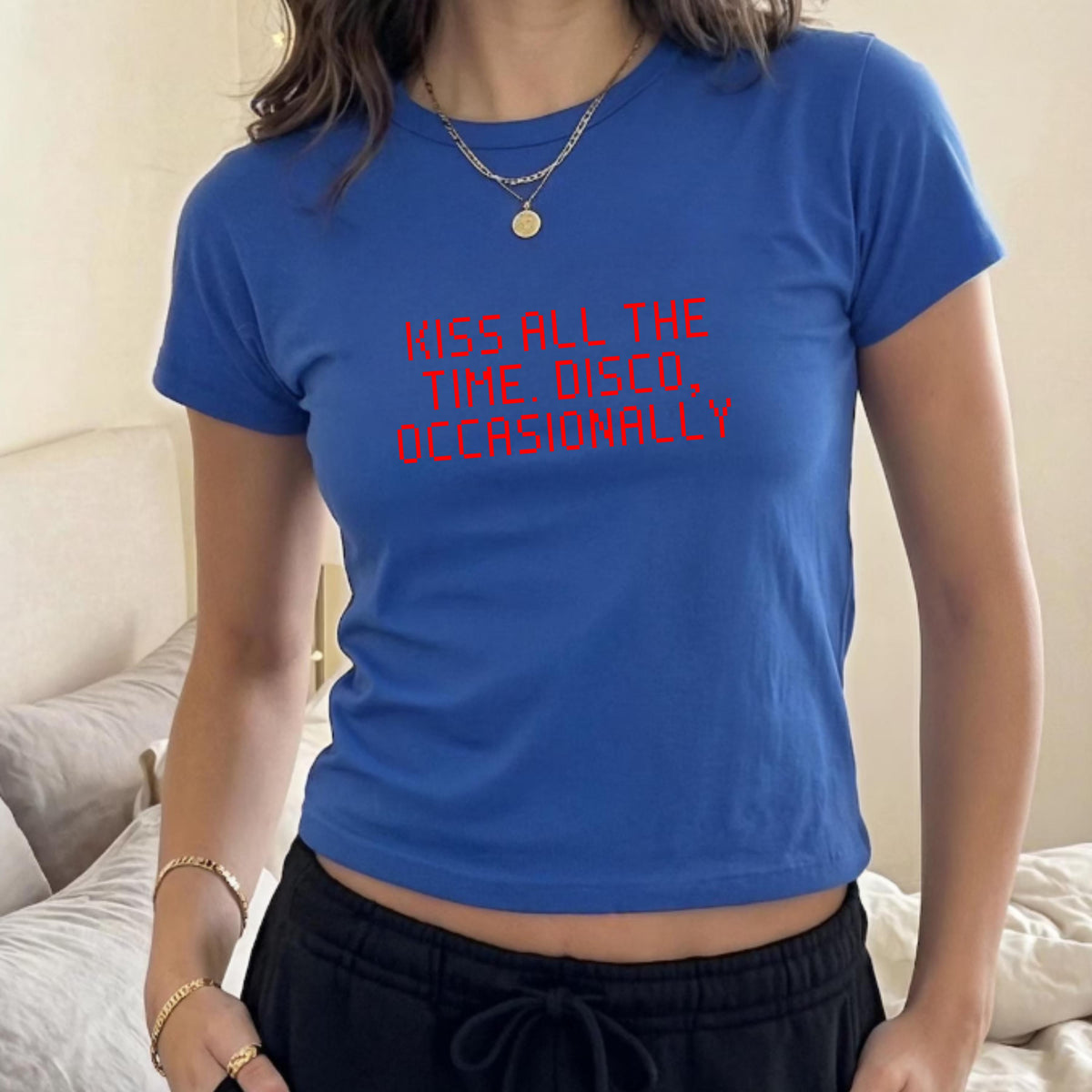 Kiss All The Time Disco Occasionally Baby Tee, Funny Disco Slogan Shirt image 1