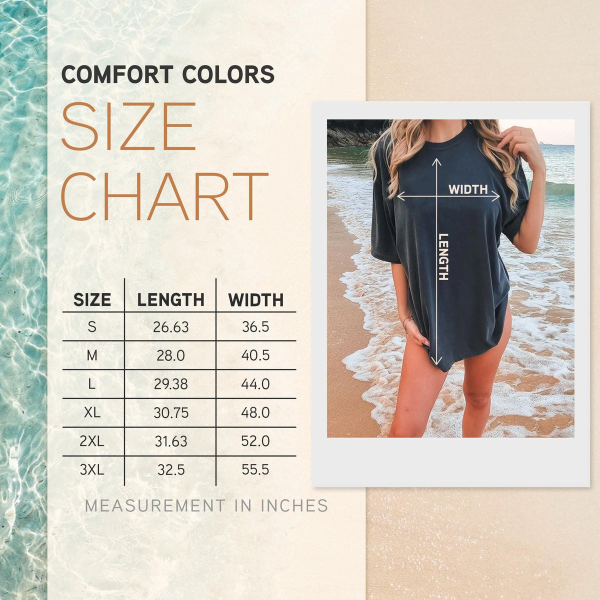 May include: A Comfort Colors size chart featuring a table with length and width measurements in inches for sizes S through 3XL. The chart includes a photograph of a dark gray t-shirt with arrows indicating the length and width dimensions.