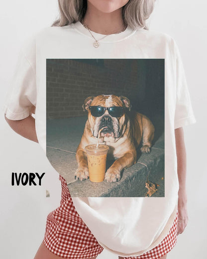 May include: An ivory t-shirt featuring a large graphic print of a brown bulldog wearing black sunglasses and drinking from a clear plastic cup with a straw. The word IVORY is printed in black text on the lower left side of the shirt fabric.