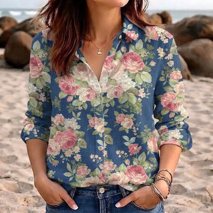 Vintage Rose Linen Look Shirt Retro Cottagecore Floral Women Blouse Shabby Chic Shabby Botanical Graphic Long Sleeve Summer Garden Party Top Dusty Blue