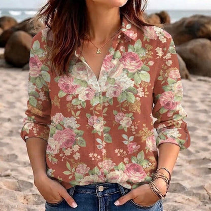 Vintage Rose Linen Look Shirt Retro Cottagecore Floral Women Blouse Shabby Chic Shabby Botanical Graphic Long Sleeve Summer Garden Party Top Rust Brown