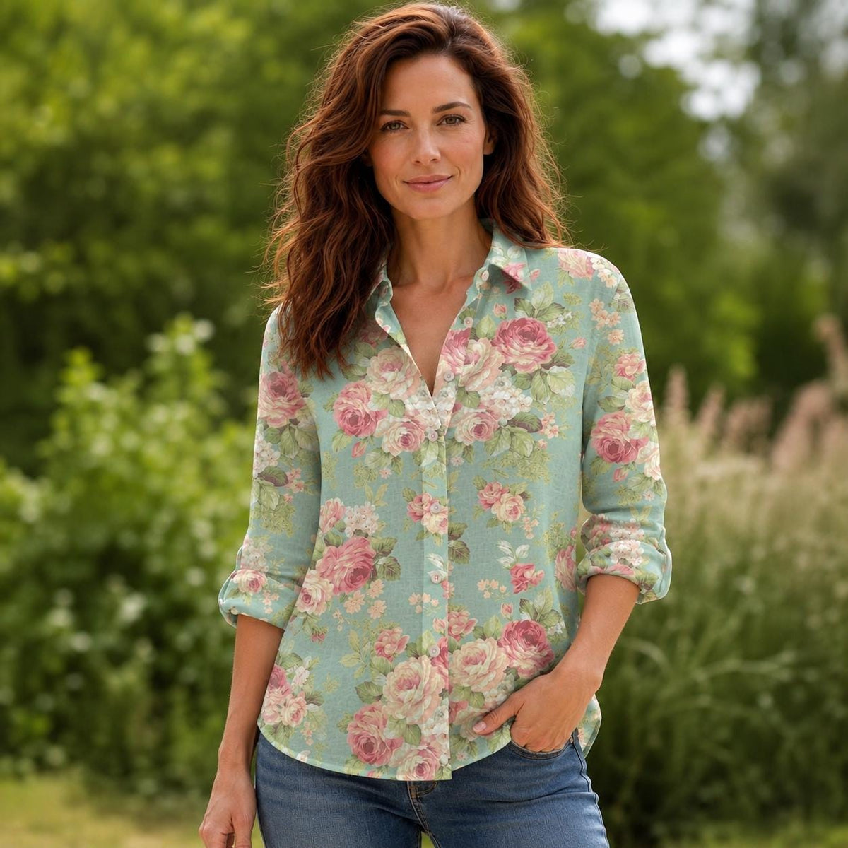 May include: A long-sleeved button-down shirt featuring a light sage green base color with a repeating floral pattern of pink and white roses. The shirt has a classic collar, a front button placket, and sleeves that are rolled up to the elbows.