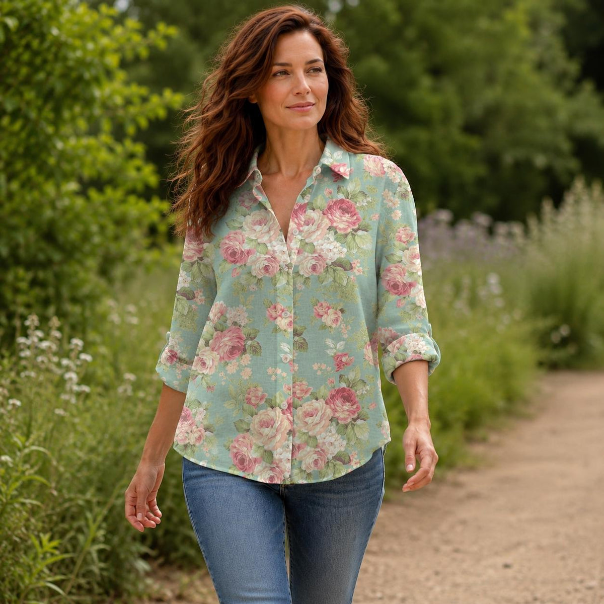 May include: A long-sleeved button-down shirt featuring a light blue base with a repeating floral pattern of pink and white roses. The shirt has a classic collar, a front button placket, and cuffs that are rolled up to the mid-forearm area.