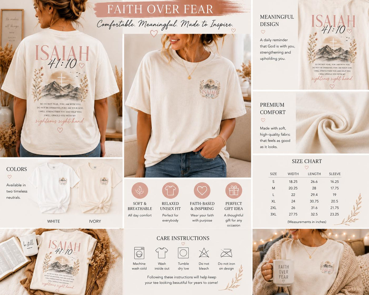 May include: A cream-colored t-shirt featuring a graphic of mountains, a cross, and the text Isaiah 41:10. The design includes wheat stalks and inspirational scripture. The shirt is shown in multiple views, including a size chart and care instructions.