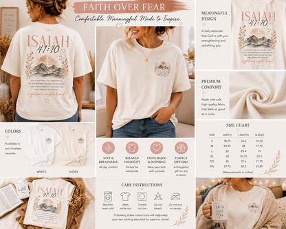 May include: A cream-colored t-shirt featuring a graphic of mountains, a cross, and the text Isaiah 41:10. The design includes wheat stalks and inspirational scripture. The shirt is shown in multiple views, including a size chart and care instructions.