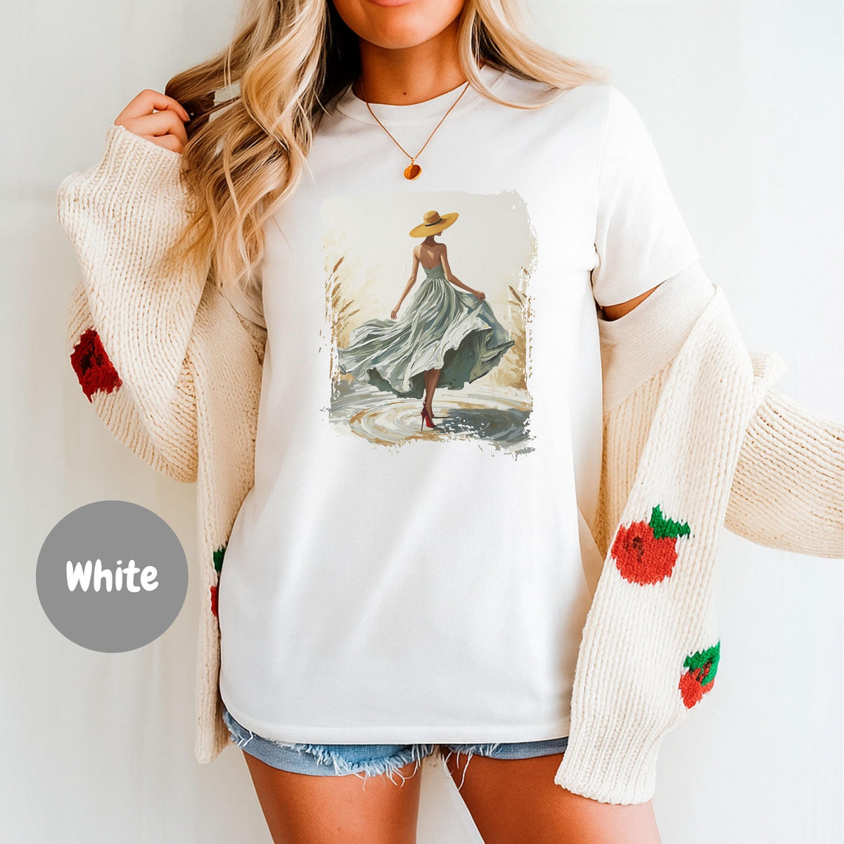 Woman In Green Dress Oil Painting T Shirt, Elegant Fashion Illustration Wearable Tee, Brim Sun Hat Vintage Top, Art Lover Birthday Gift