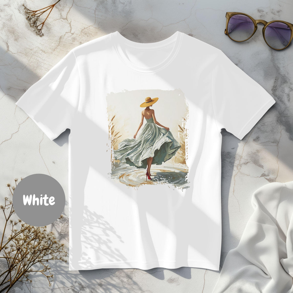 Woman In Green Dress Oil Painting T Shirt, Elegant Fashion Illustration Wearable Tee, Brim Sun Hat Vintage Top, Art Lover Birthday Gift image 2